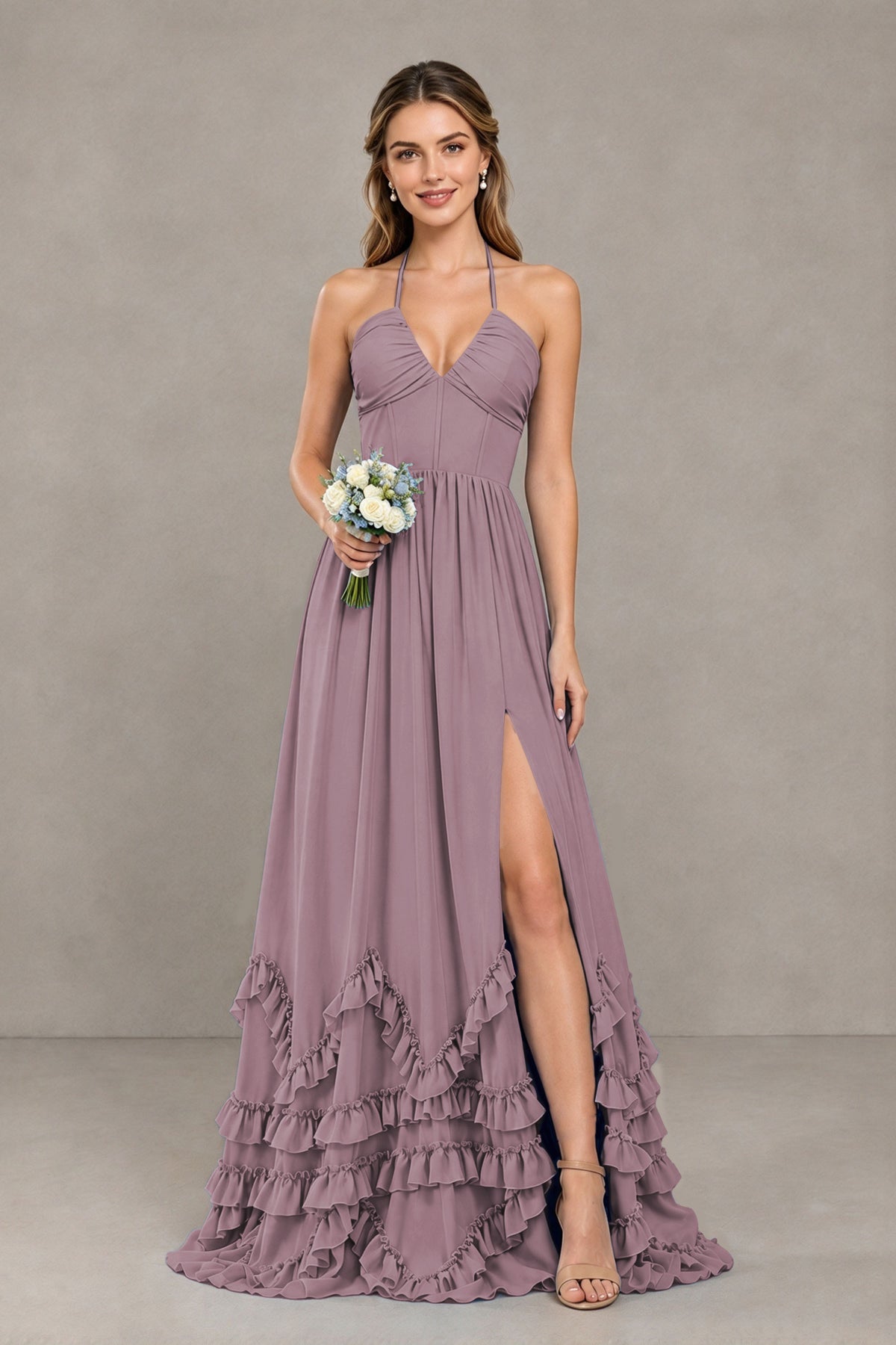 BOLODOO Wisteria Halter Ruffle Hem A-Line Bridesmaid Dress with High Slit - Wisteria - Wisteria(1)