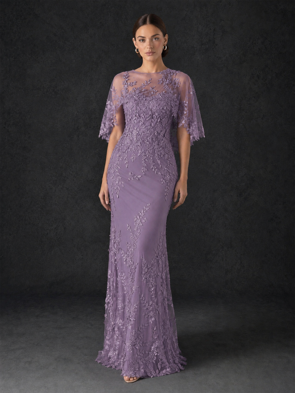 BOLODOO Mocha Rose Botanical Lace Flutter Sleeve Mermaid Gown - Wisteria - Wisteria