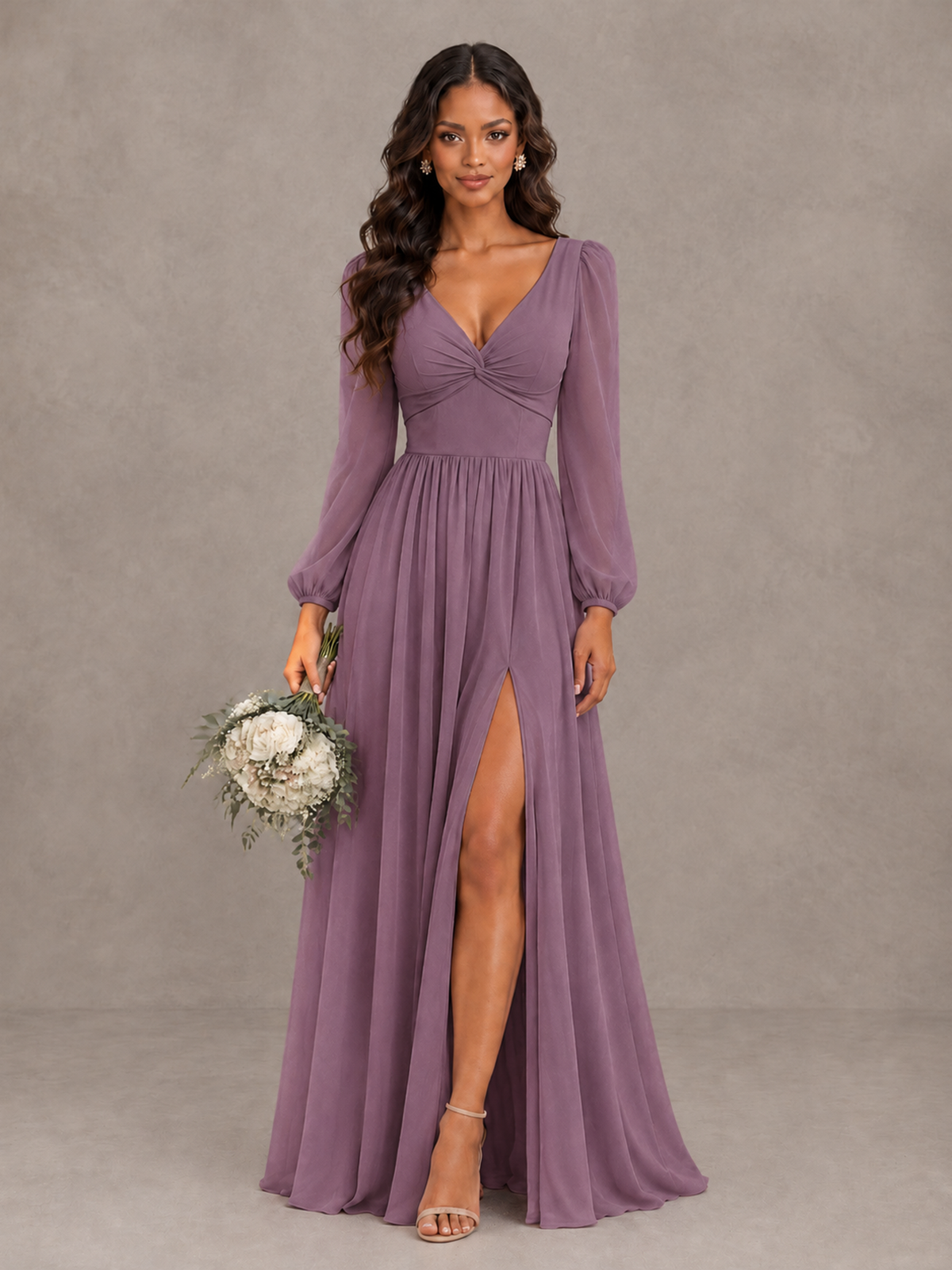 BOLODOO Wisteria V-Neck Long Sleeve Bridesmaid Dress with Tie Back and Slit - Wisteria - Wisteria_1