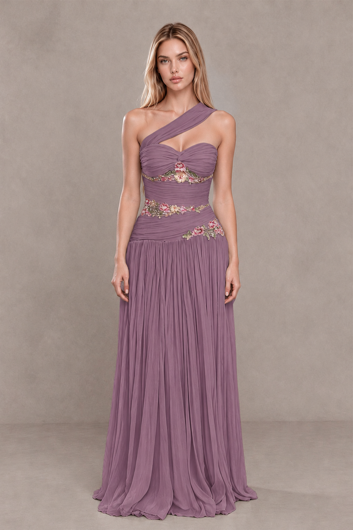 BOLODOO Wisteria One-Shoulder Floral Applique A-Line Evening Dress - Wisteria - Wisteria_1