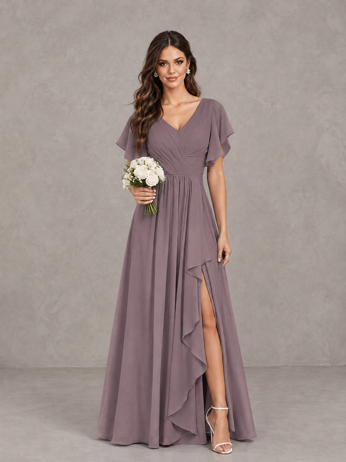 BOLODOO Wisteria Flutter Sleeve V-Neck Bridesmaid Dress with Ruffle Slit - Wisteria - Wisteria_1