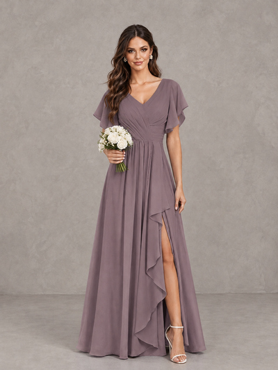 BOLODOO Wisteria Flutter Sleeve V-Neck Bridesmaid Dress with Ruffle Slit - Wisteria - Wisteria_1