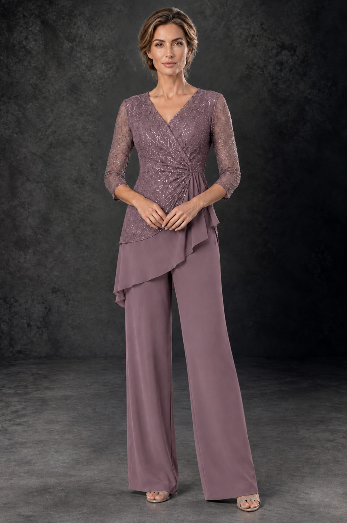 BOLODOO Wisteria Sequin Lace 3/4 Sleeve Chiffon Mother of the Bride Pant Suit - Wisteria - Wisteria_1
