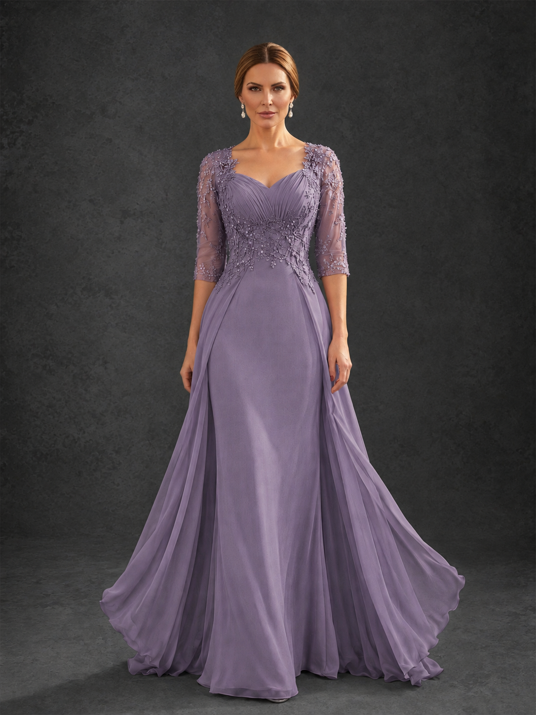 BOLODOO Wisteria Sweetheart Neck 3/4 Sleeve Floral Lace Illusion Bodice Chiffon A-Line Gown - Wisteria