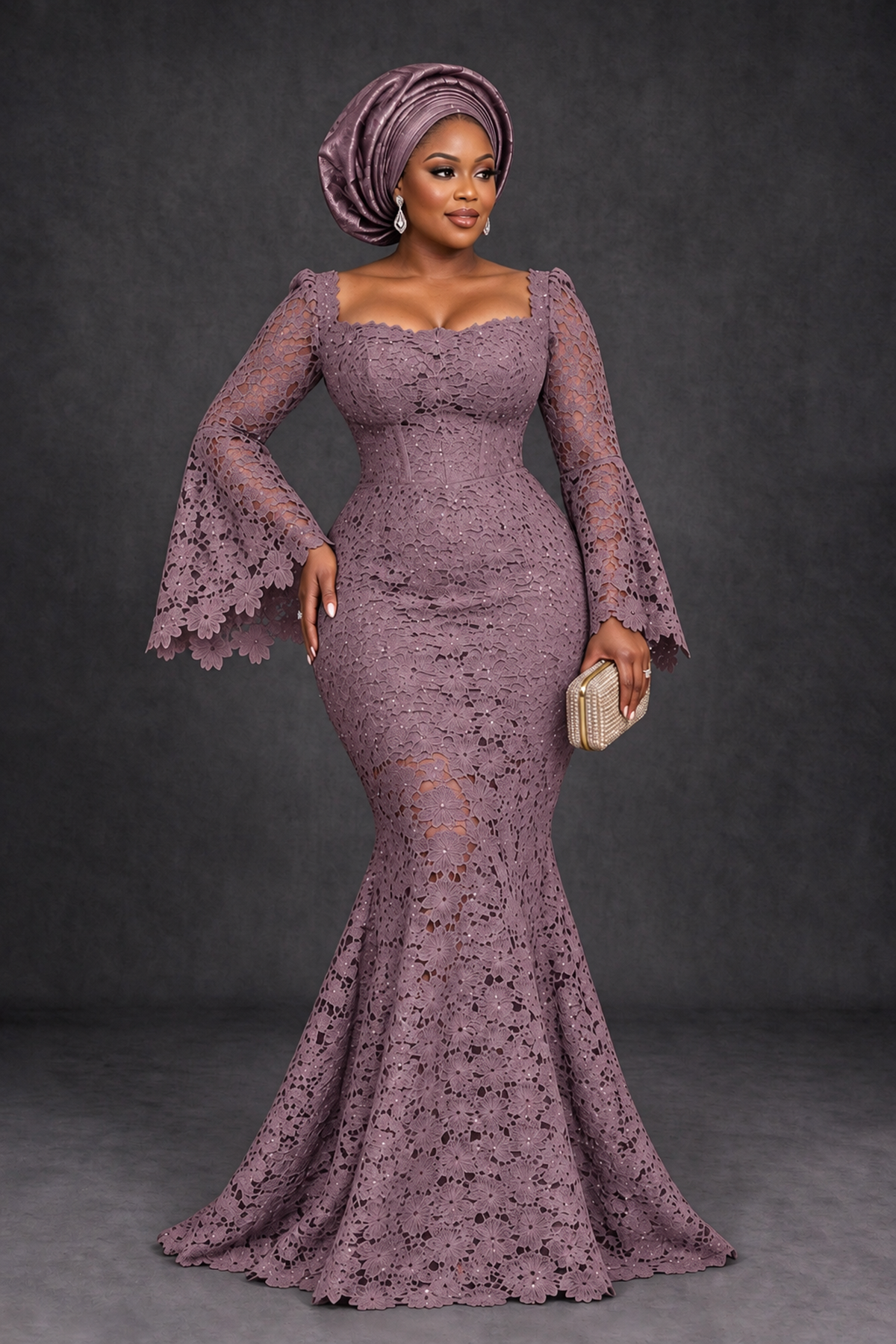 BOLODOO Wisteria African Lace Mermaid Dress, Plus Size Nigerian Wedding Guest Gown with Bell Sleeves - Wisteria - Wisteria_1