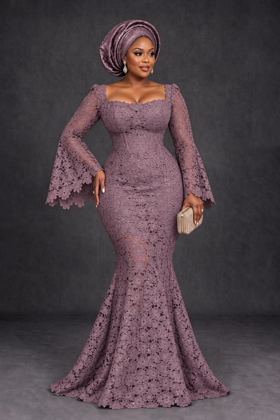 BOLODOO Wisteria African Lace Mermaid Dress, Plus Size Nigerian Wedding Guest Gown with Bell Sleeves - Wisteria - Wisteria_1