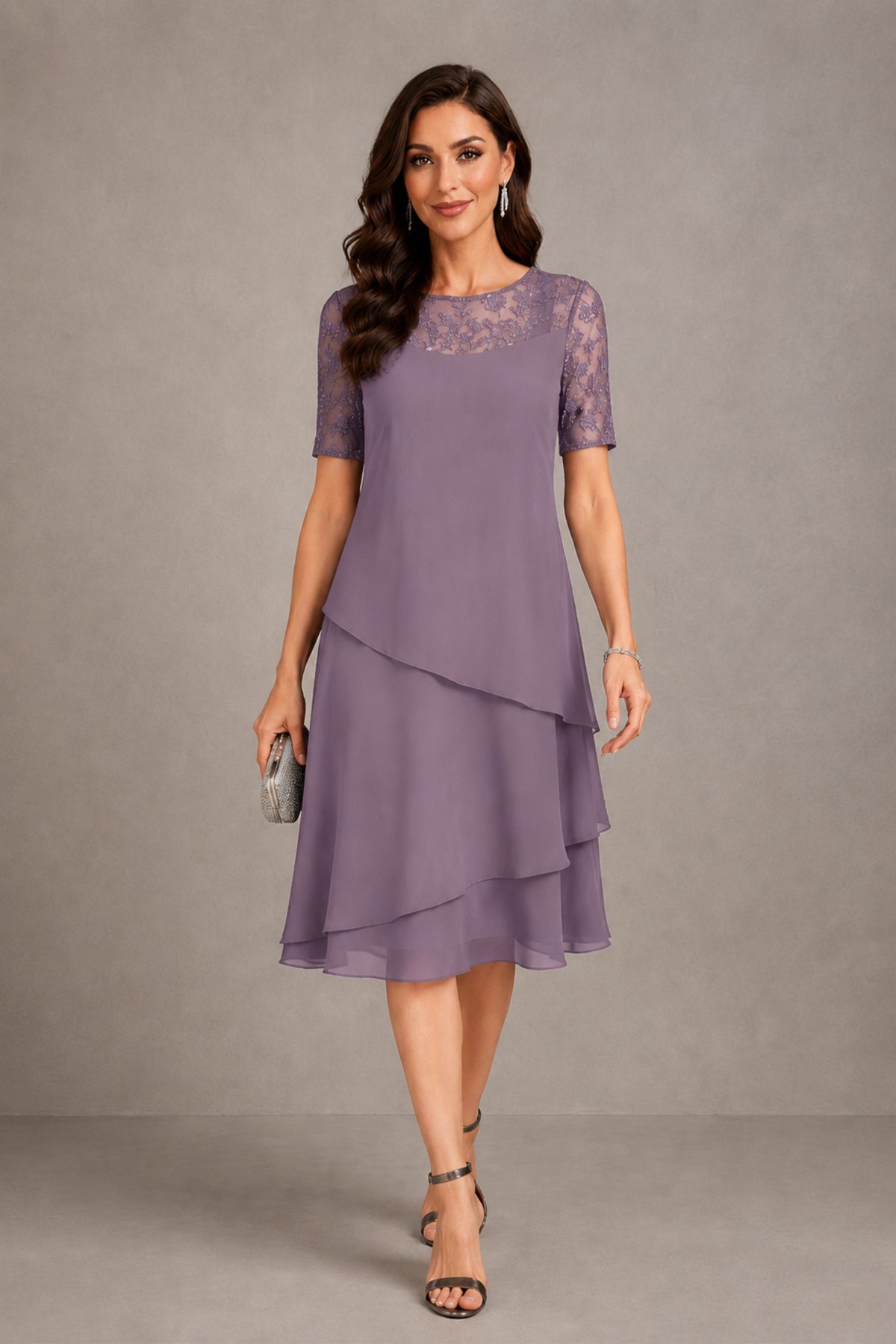 BOLODOO Wisteria Illusion Lace Short Sleeve Tiered Chiffon Tea Length Dress | Mother of the Bride Midi Dress - Wisteria