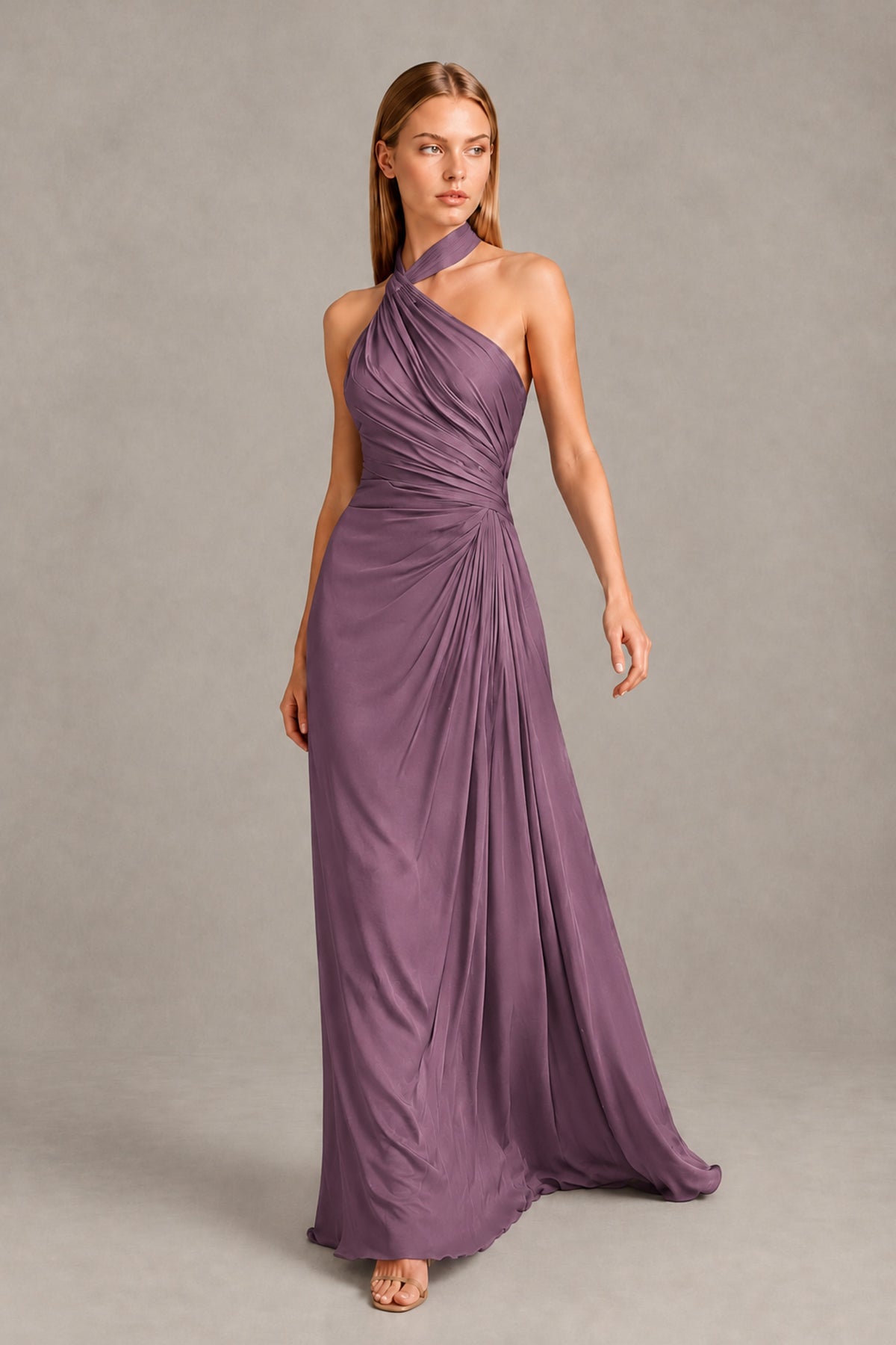 BOLODOO Wisteria Twisted Halter Neck Ruched Sleeveless Open Back Floor-Length Gown - Wisteria - Wisteria_1