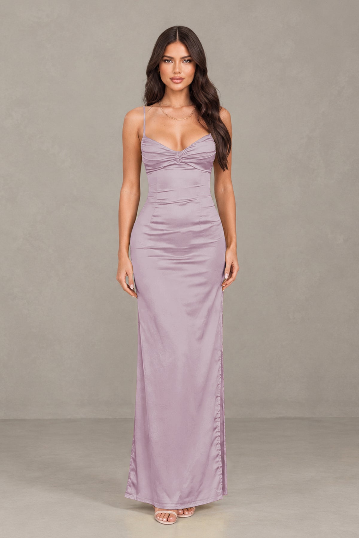 BOLODOO Wisteria Satin Cowl Neck Open Back Mermaid Maxi Dress with Side Slit - Wisteria