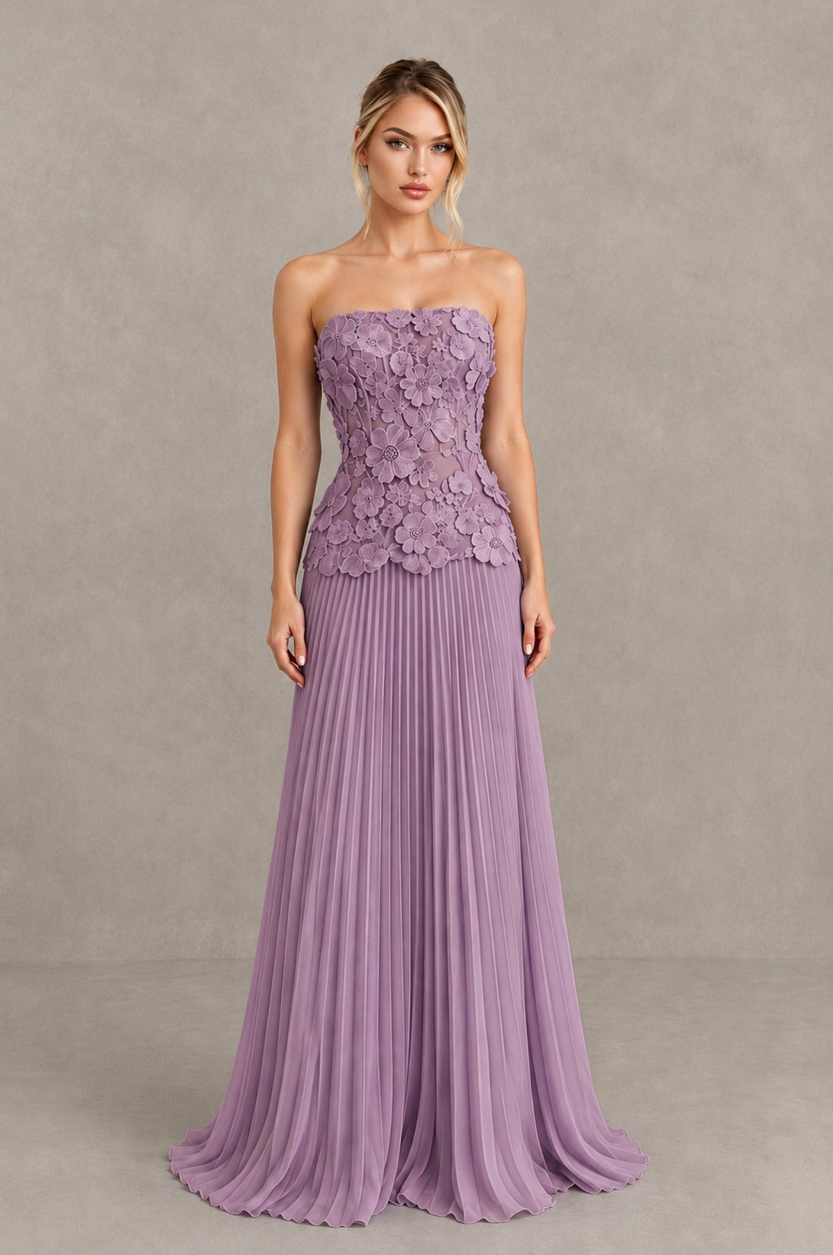 BOLODOO Wisteria Strapless Floral Applique Pleated Evening Dress - Wisteria - Wisteria_1