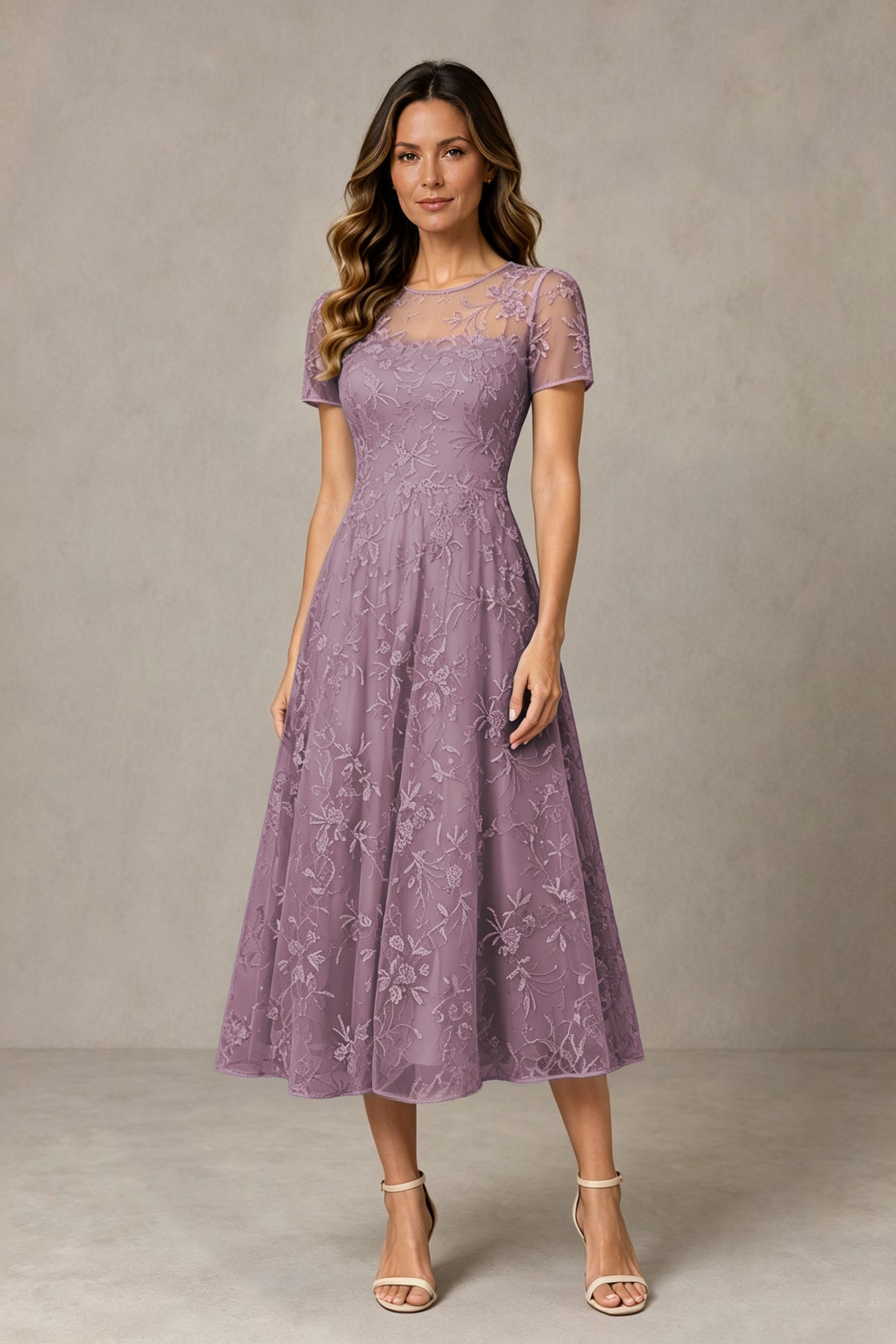 BOLODOO Wisteria Textured Floral A-Line Dress with Short Sleeves - Wisteria