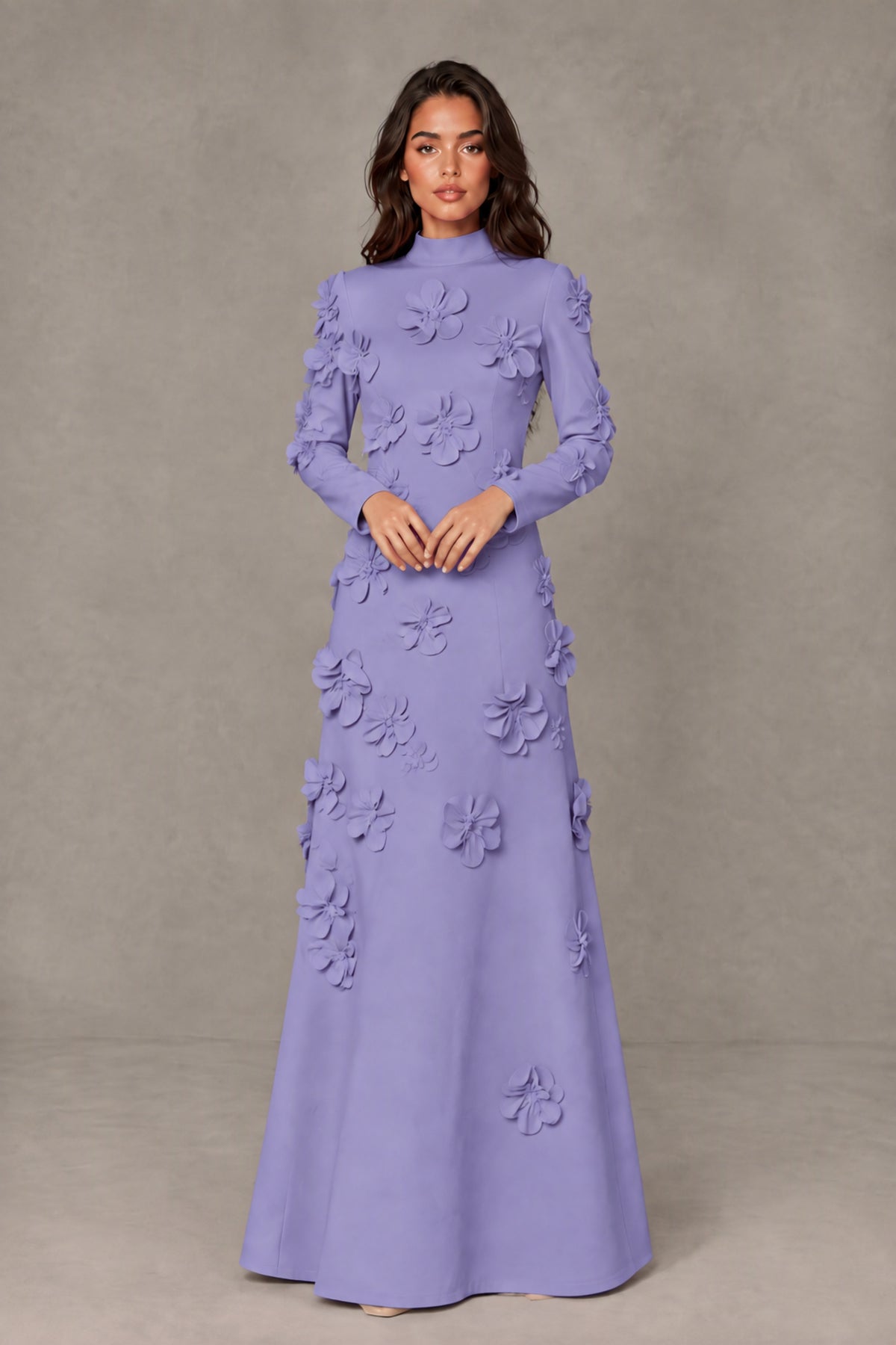 BOLODOO Wisteria High Neck Long Sleeve 3D Floral Evening Gown - Wisteria
