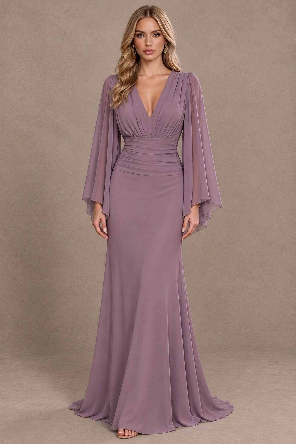 BOLODOO Wisteria Cape Sleeve V-Neck Ruched Chiffon Evening Dress - Wisteria - Wisteria_1