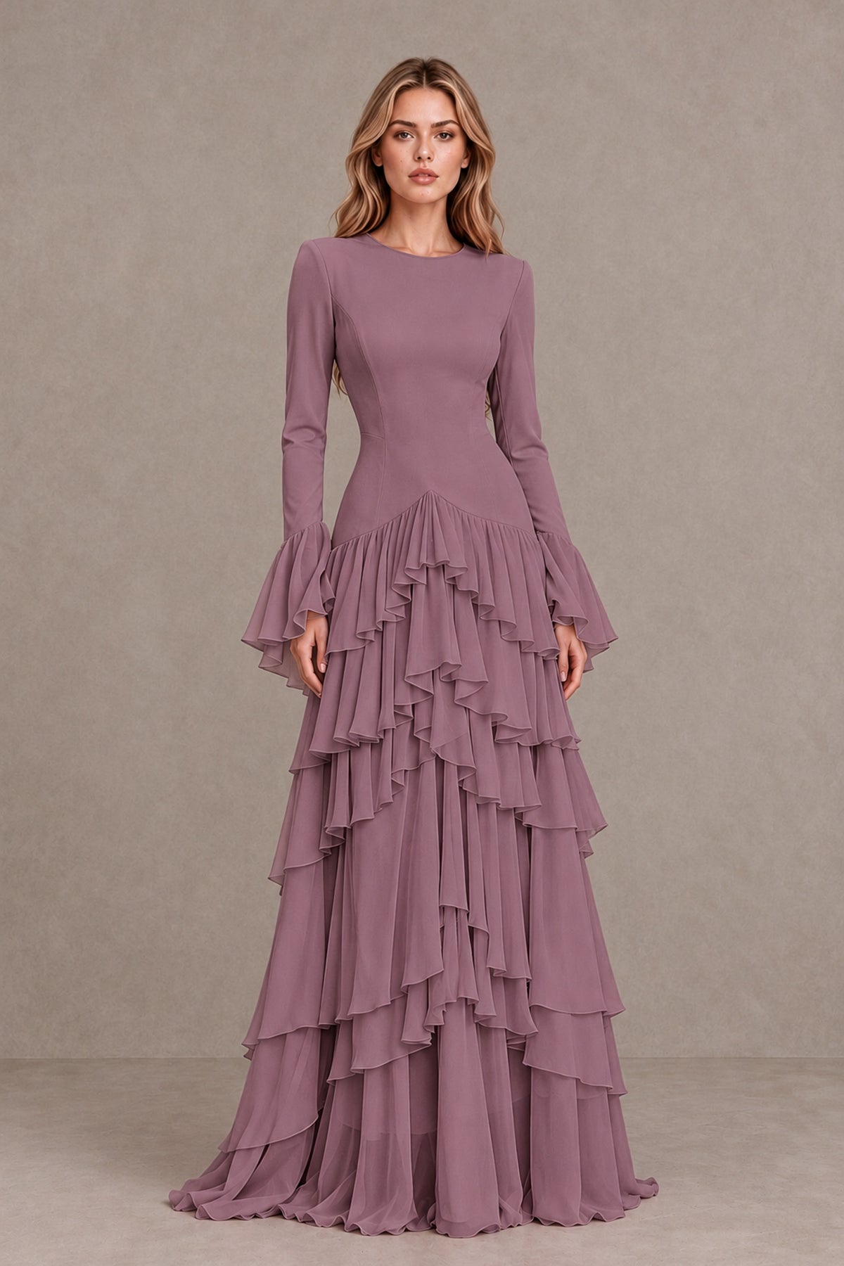 Wisteria Long Sleeve Tiered Ruffle Evening Gown - Wisteria - Wisteria_1