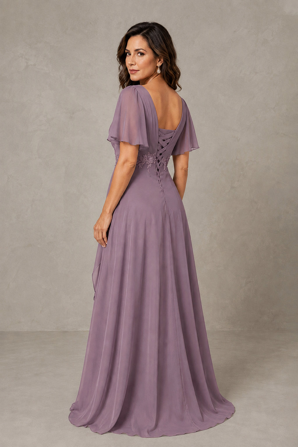 BOLODOO Wisteria Chiffon V-Neck Flutter Sleeve Floral Applique Cascade Ruffle Lace-Up Back A-Line Maxi Evening Dress - Wisteria