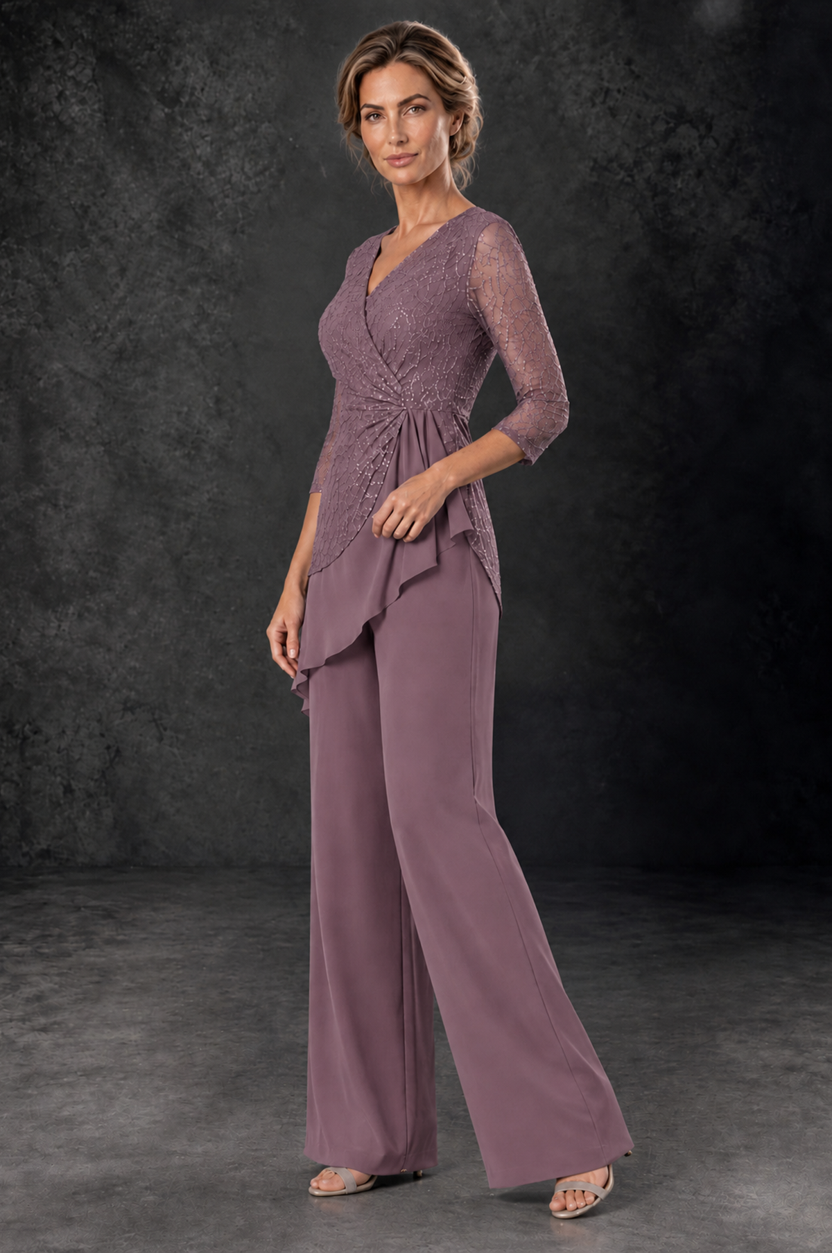 BOLODOO Wisteria Sequin Lace 3/4 Sleeve Chiffon Mother of the Bride Pant Suit - Wisteria - Wisteria_2