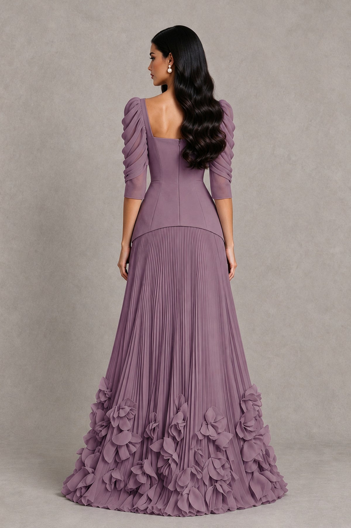 BOLODOO Wisteria Square Neck Pleated Floral Applique Evening Dress - Wisteria - Wisteria_2