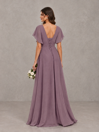 BOLODOO Wisteria Flutter Sleeve V-Neck Bridesmaid Dress with Ruffle Slit - Wisteria - Wisteria_2