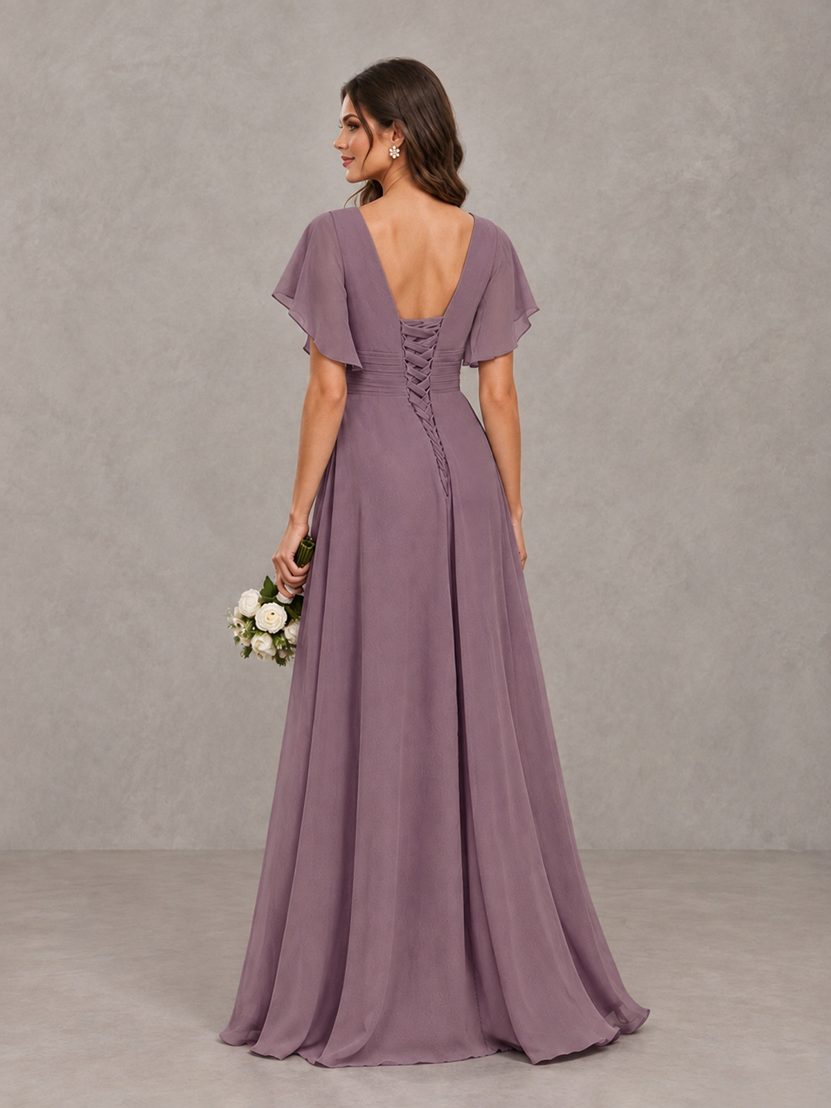 BOLODOO Wisteria Flutter Sleeve V-Neck Bridesmaid Dress with Ruffle Slit - Wisteria - Wisteria_2