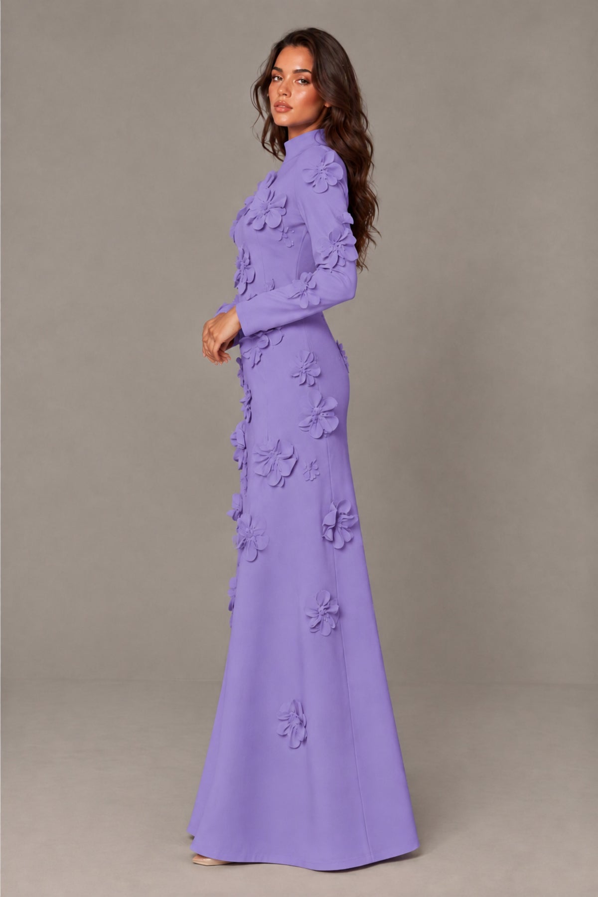 BOLODOO Wisteria High Neck Long Sleeve 3D Floral Evening Gown - Wisteria