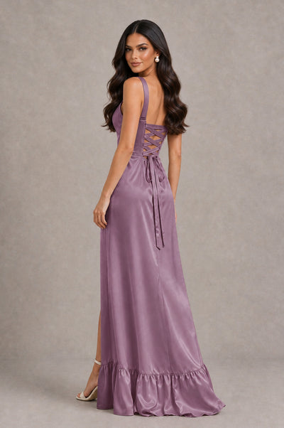 BOLODOO Wisteria Square Neck Satin Evening Dress with Lace-Up Back and High Slit - Wisteria - Wisteria_2