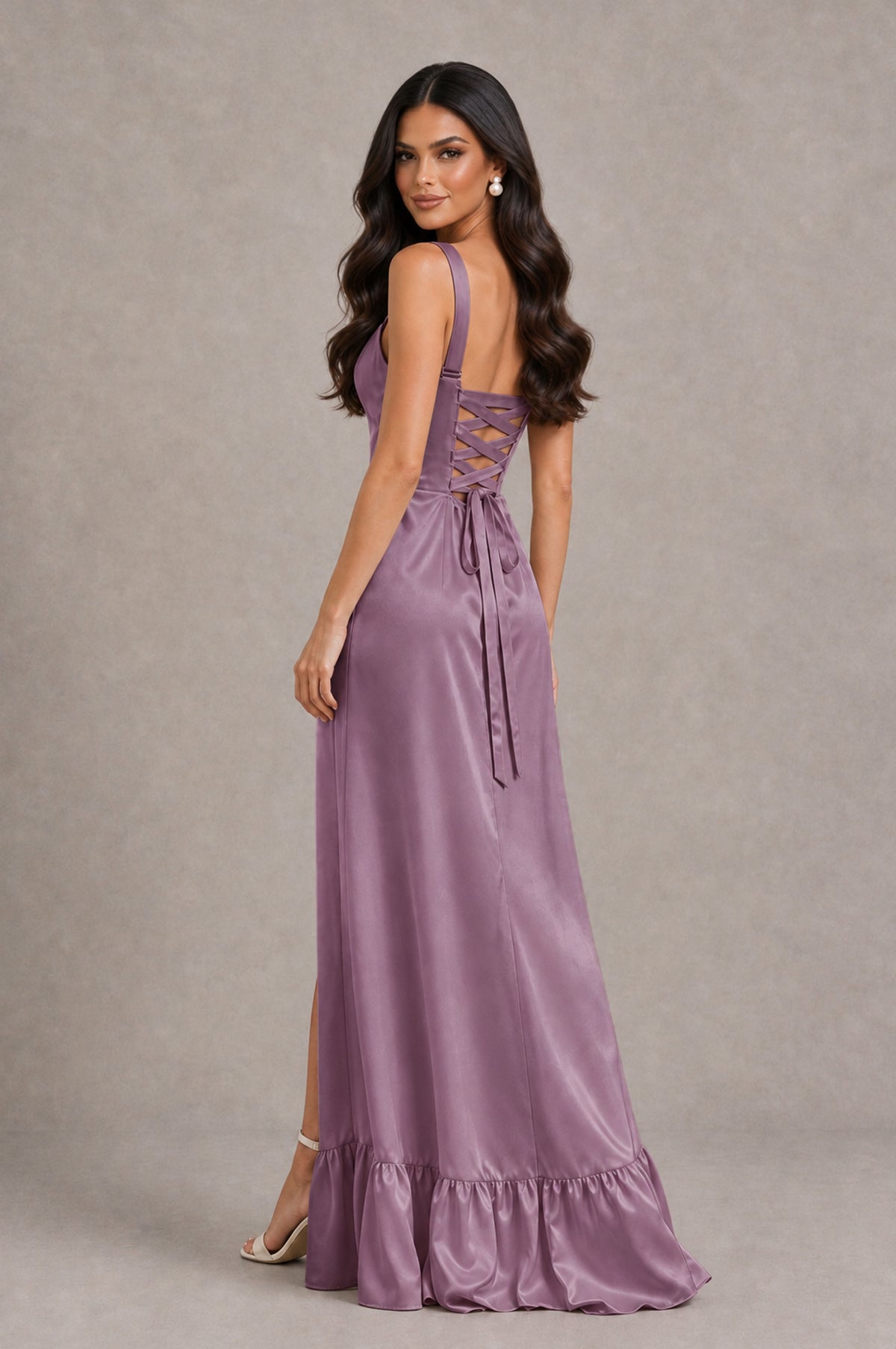 BOLODOO Wisteria Square Neck Satin Evening Dress with Lace-Up Back and High Slit - Wisteria - Wisteria_2
