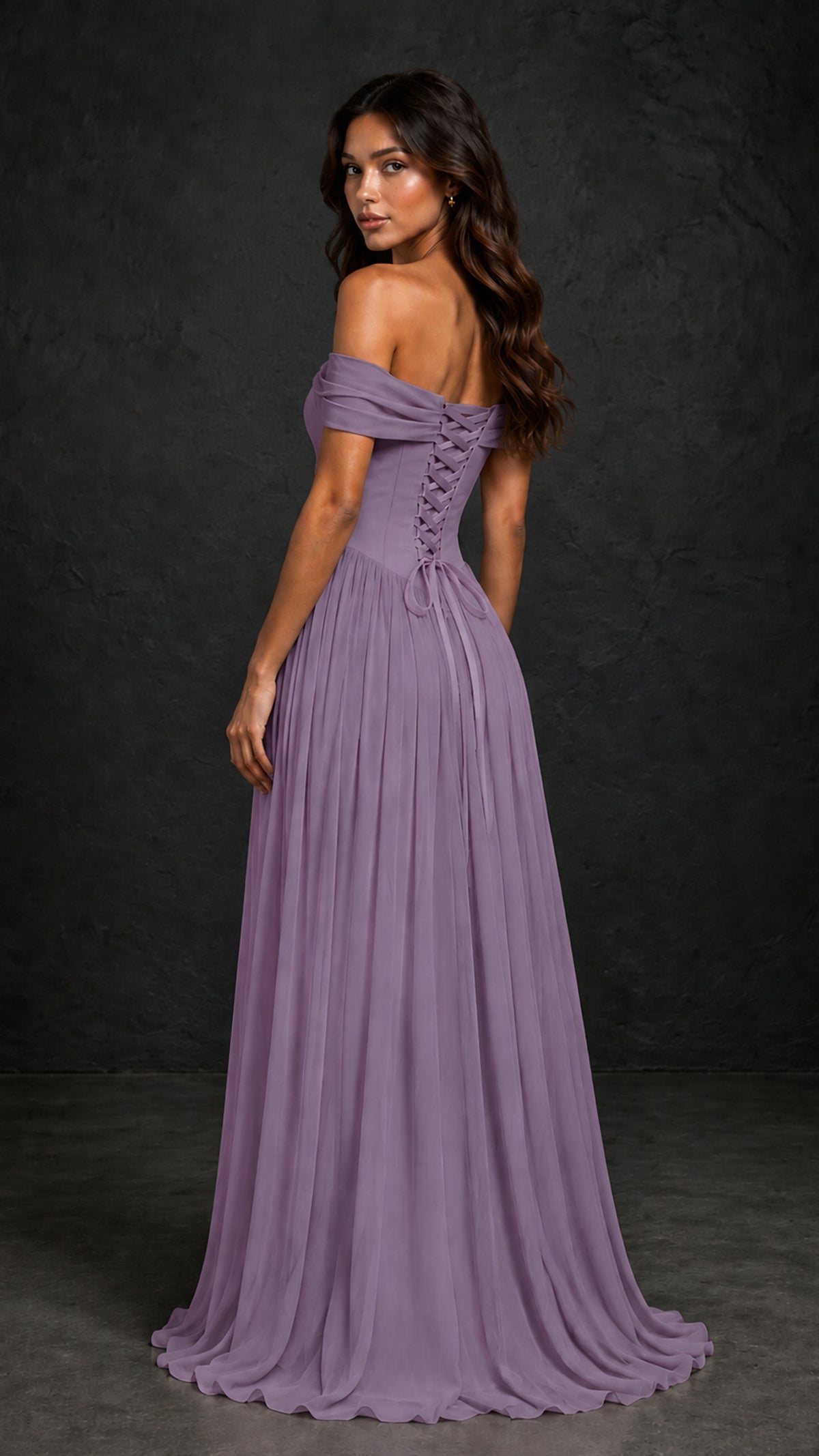 BOLODOO Wisteria Off-Shoulder Sweetheart Corset Pleated Chiffon Maxi Dress - Wisteria
