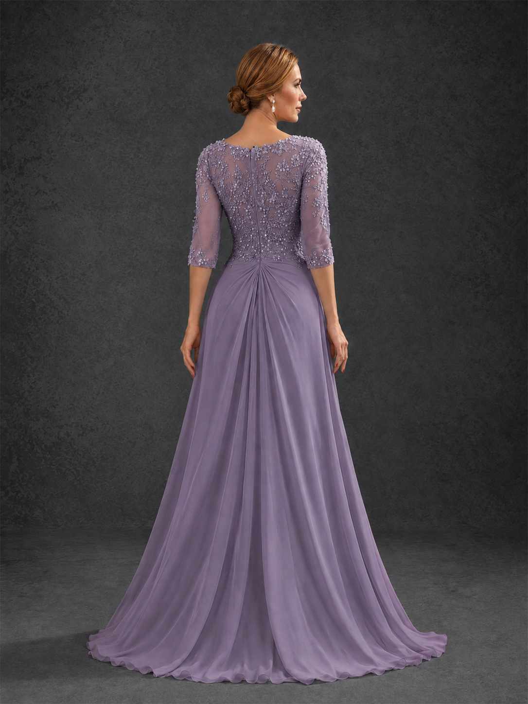 BOLODOO Wisteria Sweetheart Neck 3/4 Sleeve Floral Lace Illusion Bodice Chiffon A-Line Gown - Wisteria
