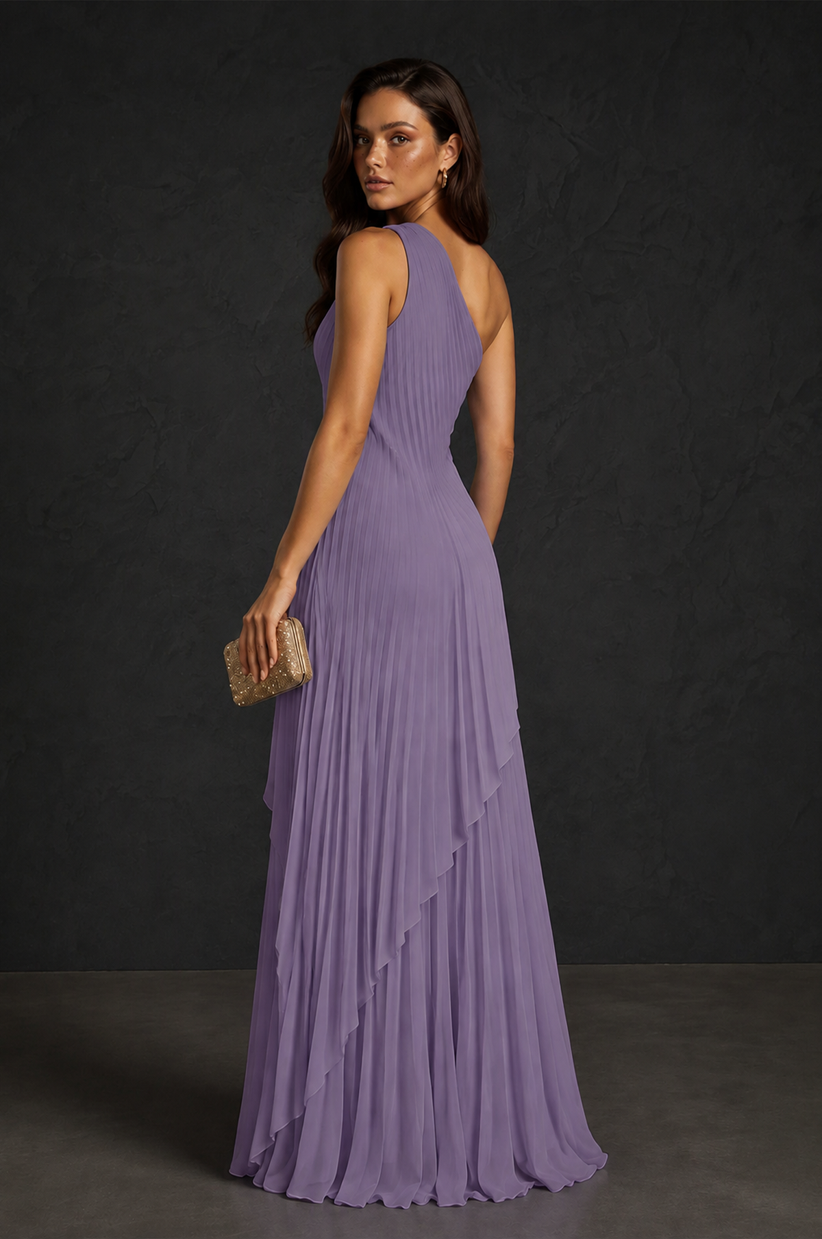 BOLODOO Wisteria One-Shoulder Sunburst Pleated Asymmetric Layered Overlay Accordion Pleated Chiffon Maxi Dress - Wisteria