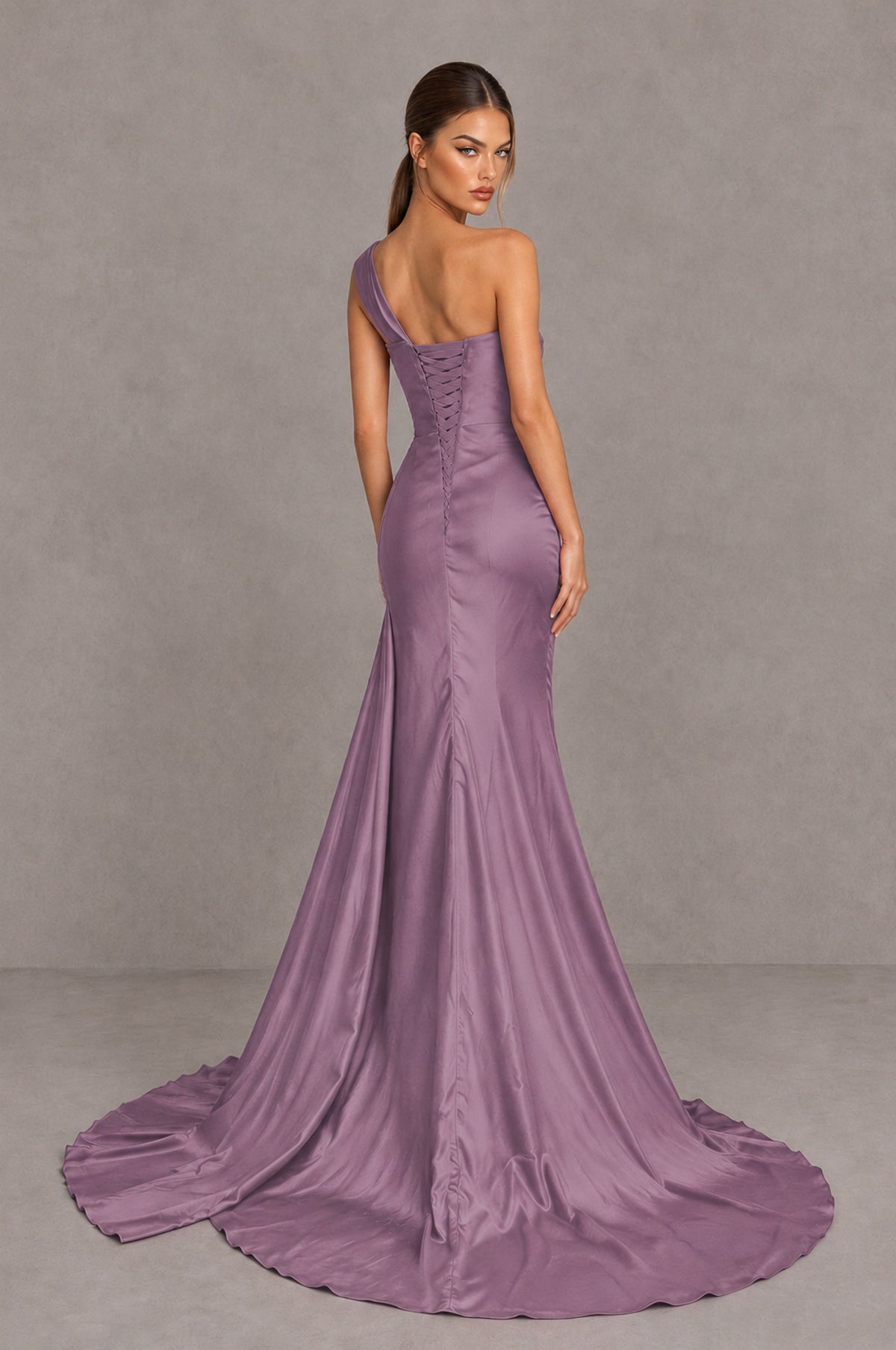 BOLODOO Wisteria One Shoulder Satin Mermaid Evening Dress with Ruched Slit Skirt - Wisteria - Wisteria_2