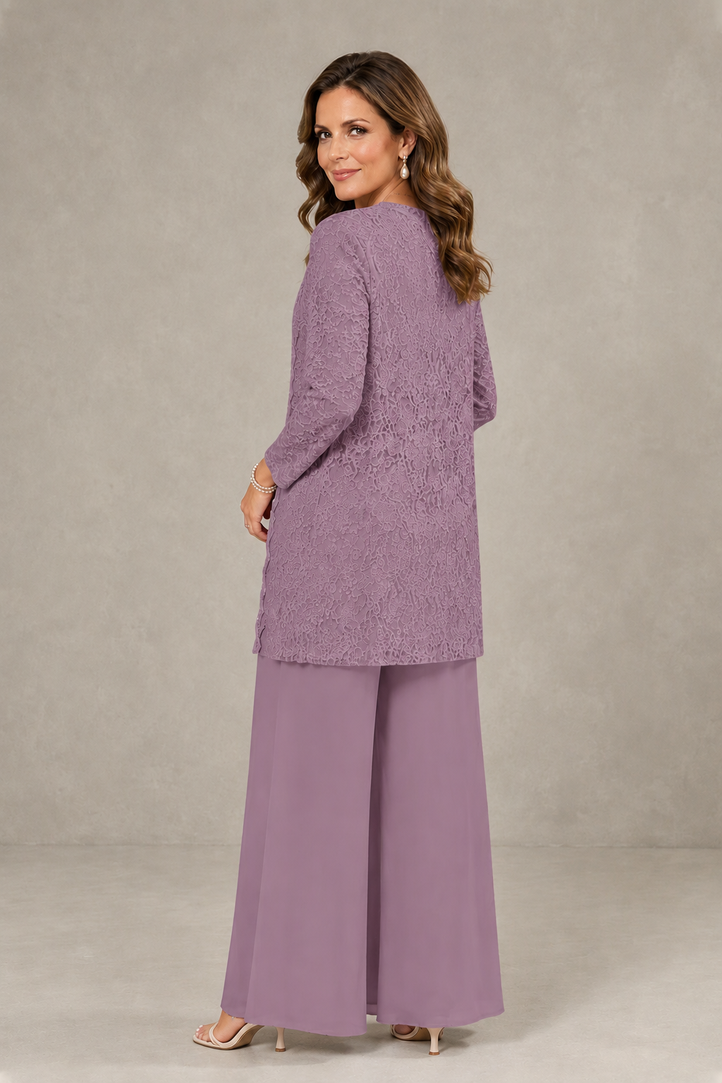 BOLODOO Wisteria 3-Piece Lace Chiffon Pantsuit – Mother of the Bride Wedding Guest with Jacket - Wisteria