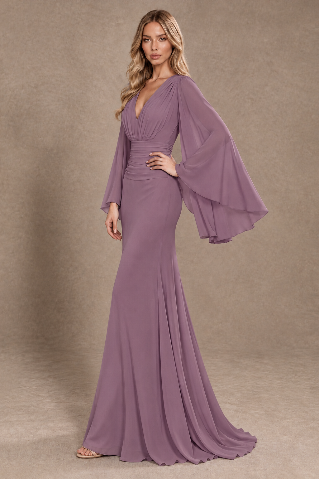 BOLODOO Wisteria Cape Sleeve V-Neck Ruched Chiffon Evening Dress - Wisteria - Wisteria_2