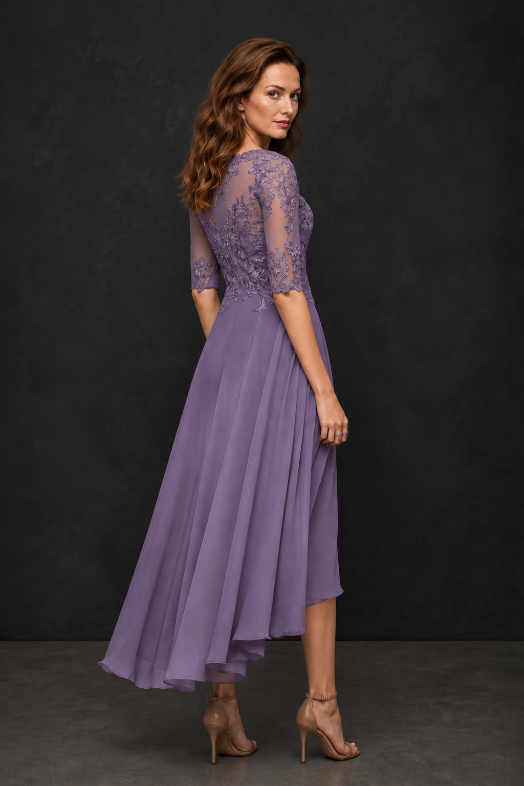 BOLODOO Wisteria Illusion Lace 3/4 Sleeve Hi-Lo Chiffon A-Line Dress | Mother of the Bride Tea Length Dress - Wisteria