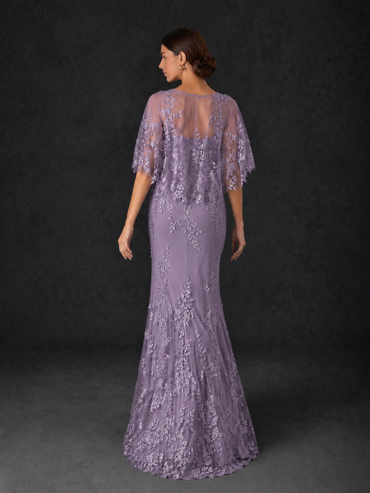 BOLODOO Mocha Rose Botanical Lace Flutter Sleeve Mermaid Gown - Wisteria - Wisteria