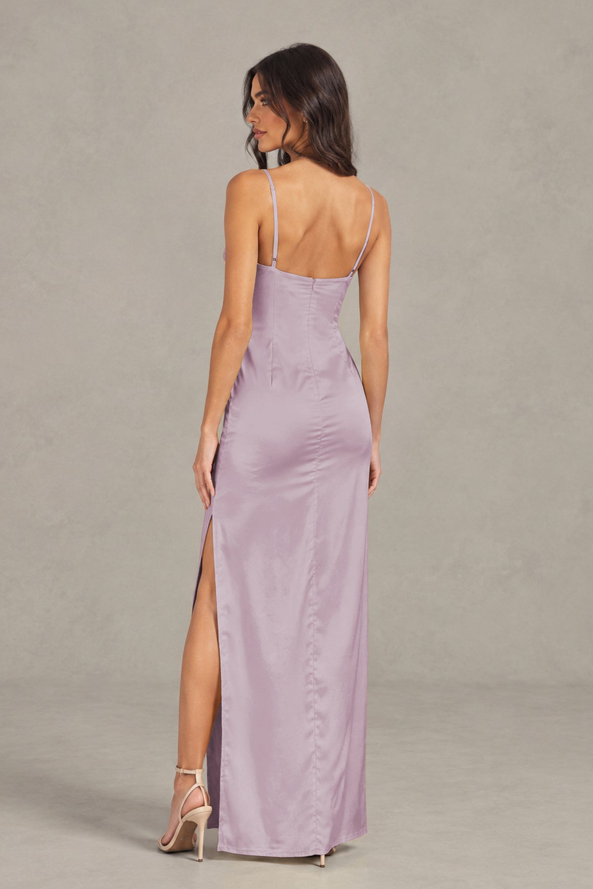 BOLODOO Wisteria Satin Cowl Neck Open Back Mermaid Maxi Dress with Side Slit - Wisteria