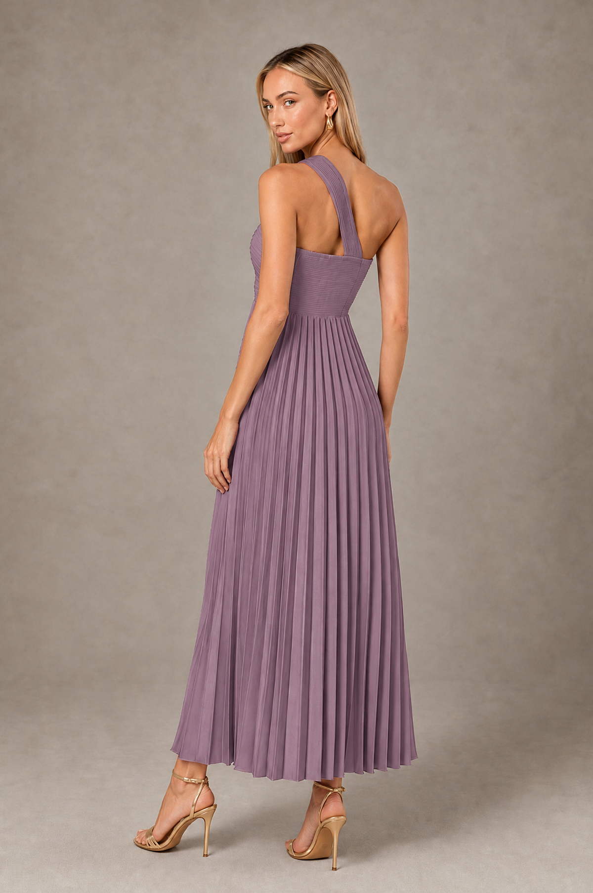 BOLODOO Wisteria One-Shoulder Twist Knot Pleated Satin Midi Dress with Cutout - Wisteria - Wisteria_2