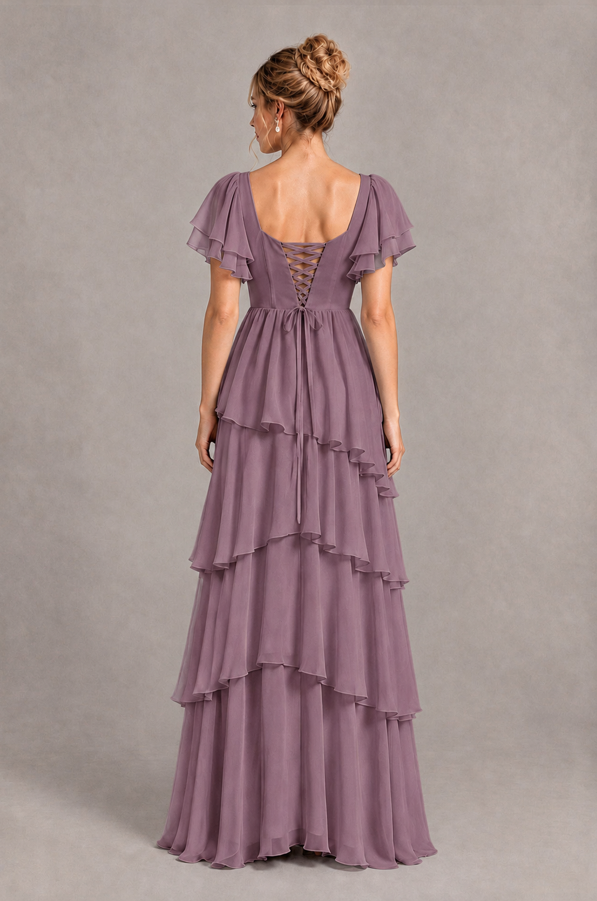 BOLODOO Wisteria Square Neck Flutter Sleeve Tiered Chiffon Bridesmaid Dress with Lace-Up Back - Wisteria - Wisteria_2