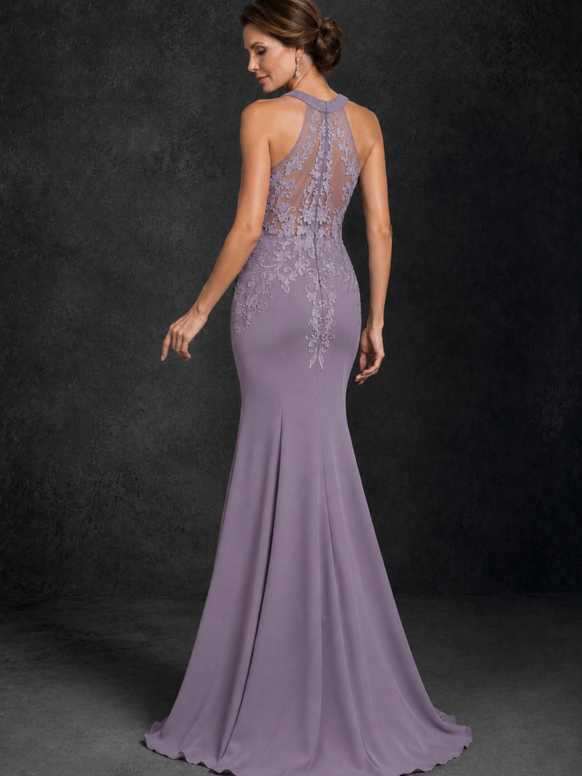 BOLODOO Wisteria Lace Applique Halter Neck Sheer Back Mermaid Maxi Dress with Sweep Train - Wisteria