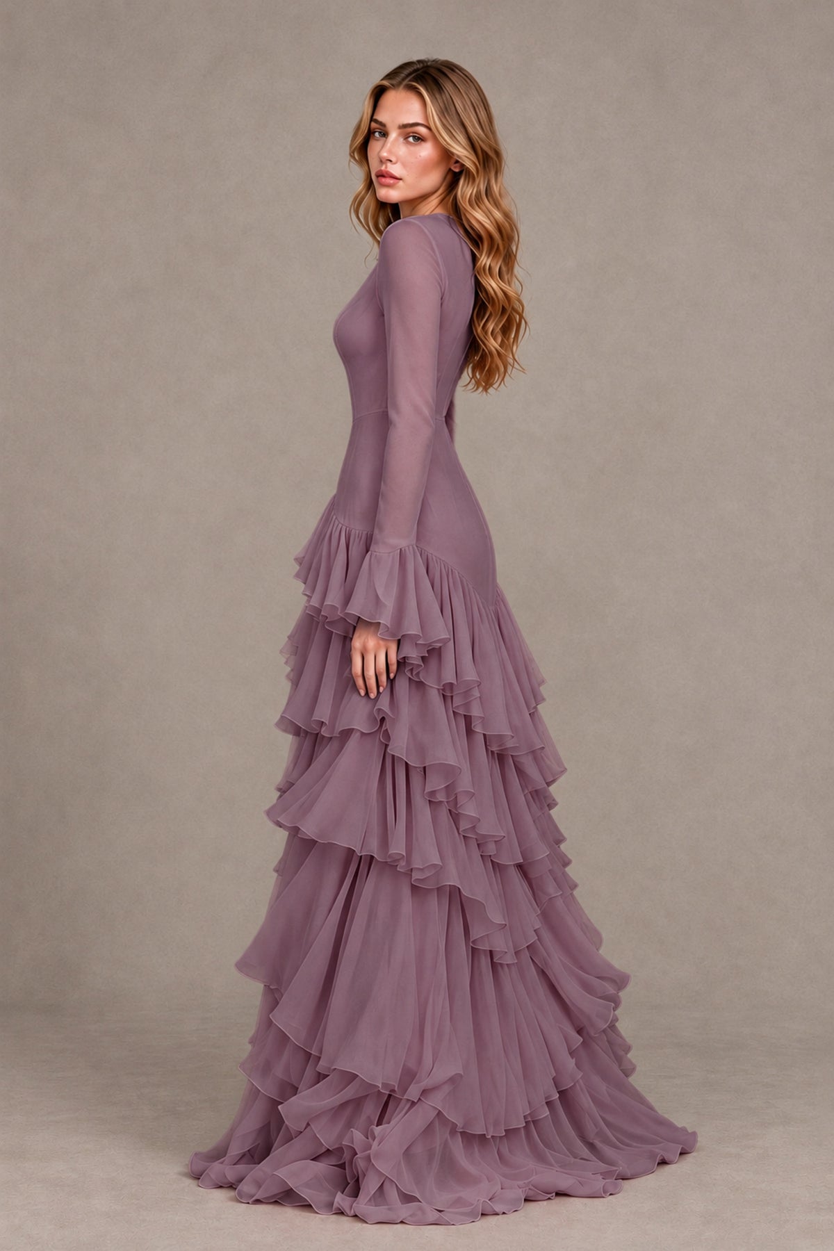 Wisteria Long Sleeve Tiered Ruffle Evening Gown - Wisteria - Wisteria_2