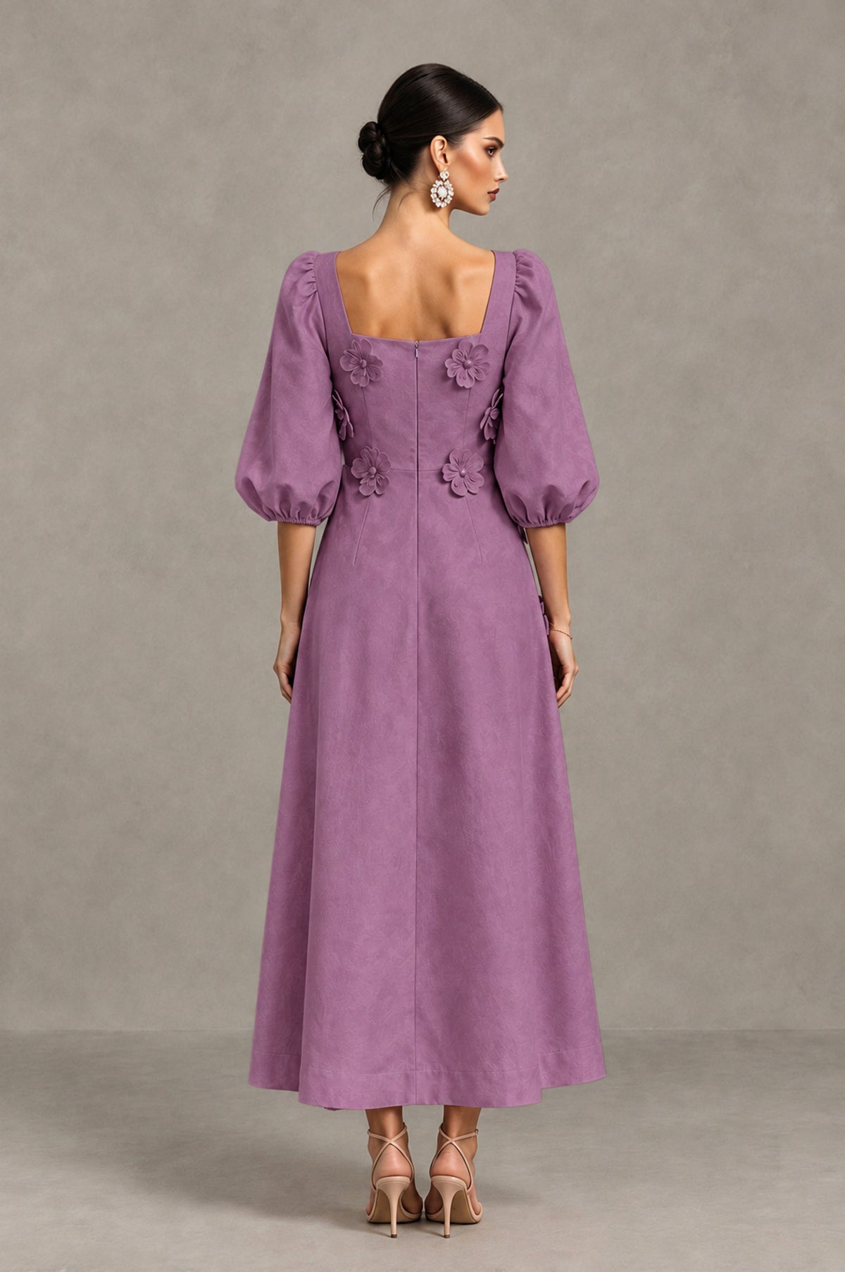 BOLODOO Wisteria 3D Floral Puff Sleeve Midi Cocktail Dress - Wisteria - Wisteria_2