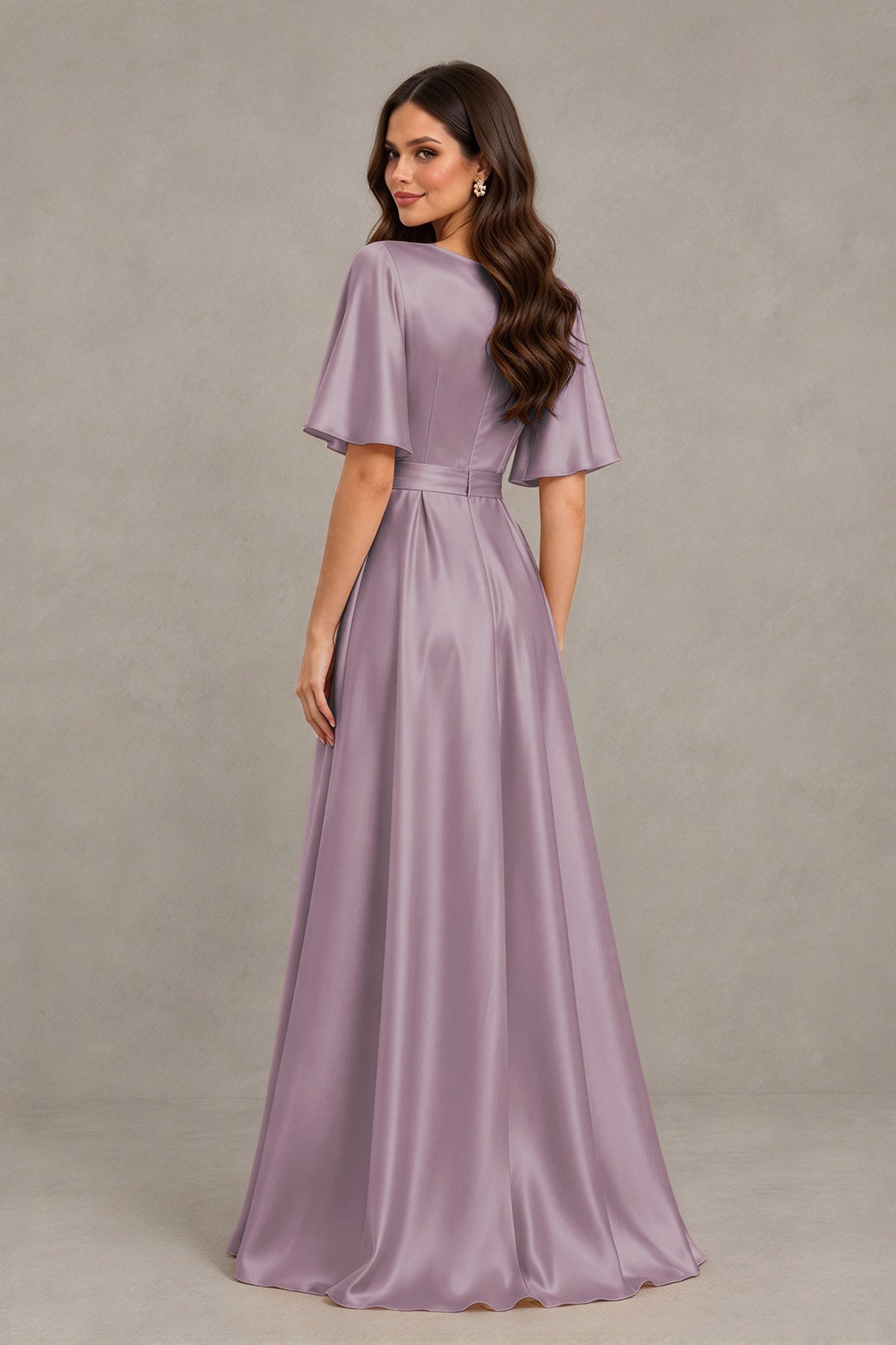 BOLODOO Wisteria Satin V-Neck Flutter Sleeve Bridesmaid Dress with Slit - Wisteria - Wisteria(2)