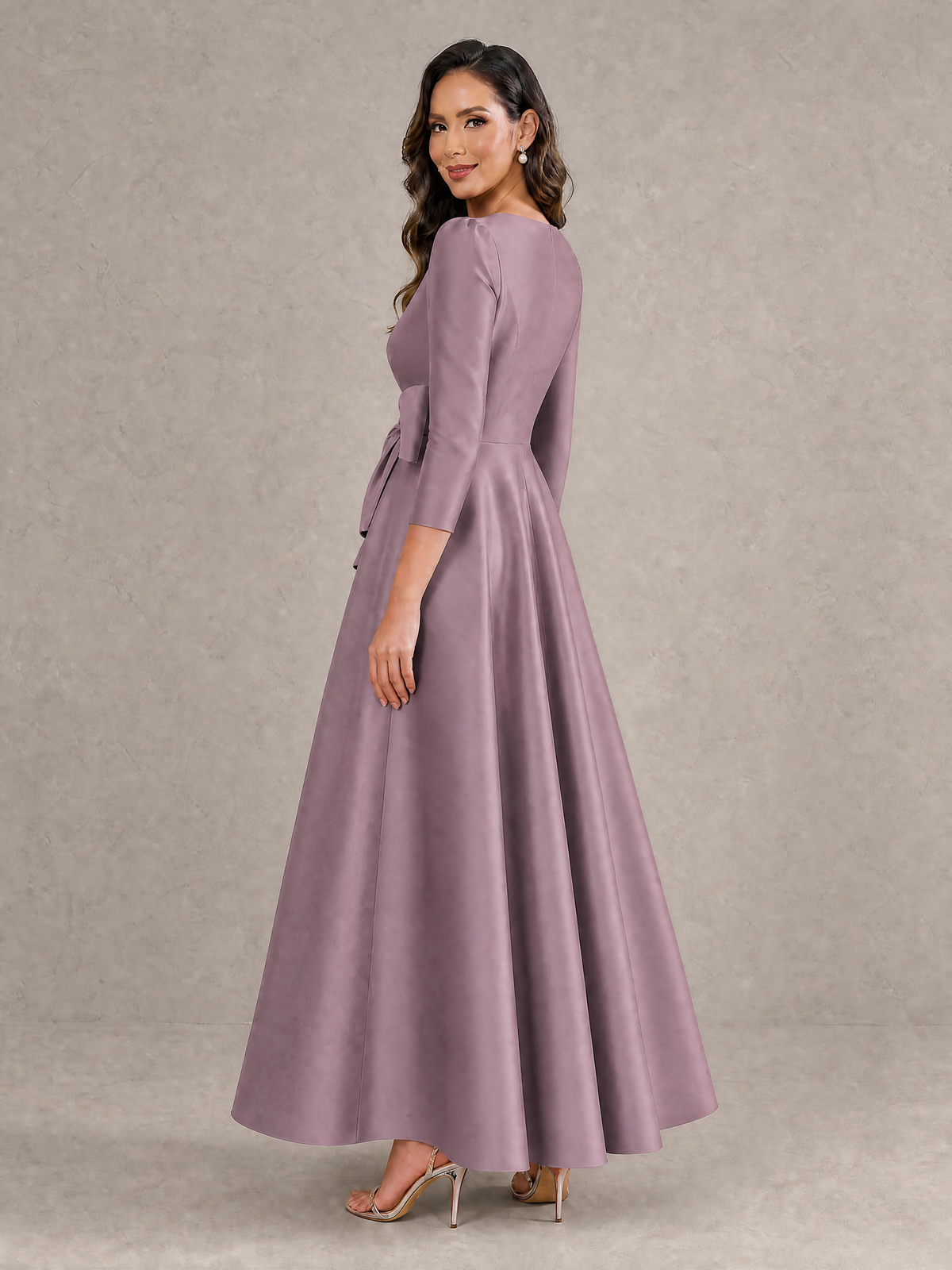 BOLODOO Wisteria Satin Deep V-Neck Wrap 3/4 Puff Sleeve A-Line Ball Gown Maxi Dress with Oversized Bow Belt - Wisteria
