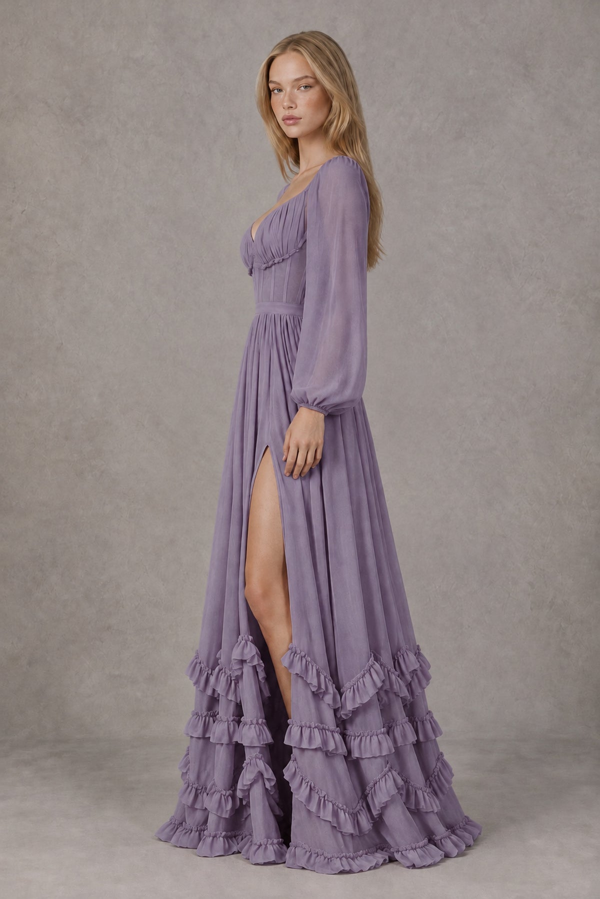 Wisteria Long-Sleeve Ruffle Maxi Dress with Lace-Up Back and Slit - Wisteria