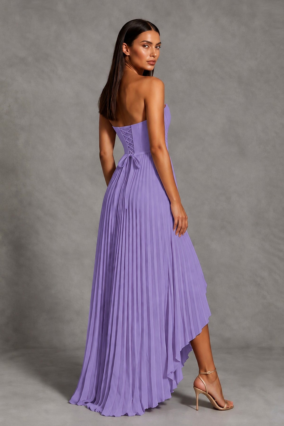 Wisteria Strapless Pleated High-Low Evening Gown with Ruffle Hem - Wisteria