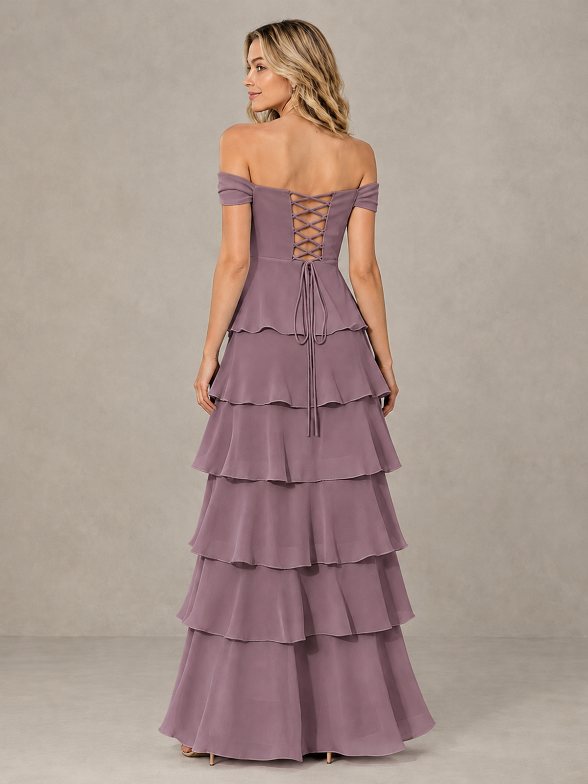 BOLODOO Wisteria Off-Shoulder Tiered Ruffle Bridesmaid Dress with Lace-Up Back - Wisteria - Wisteria_2
