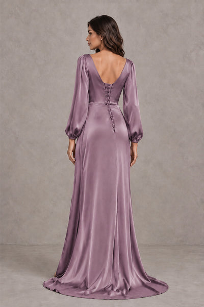 BOLODOO Wisteria Satin-Look Long Sleeve Evening Dress with High Slit - Wisteria - Wisteria_2