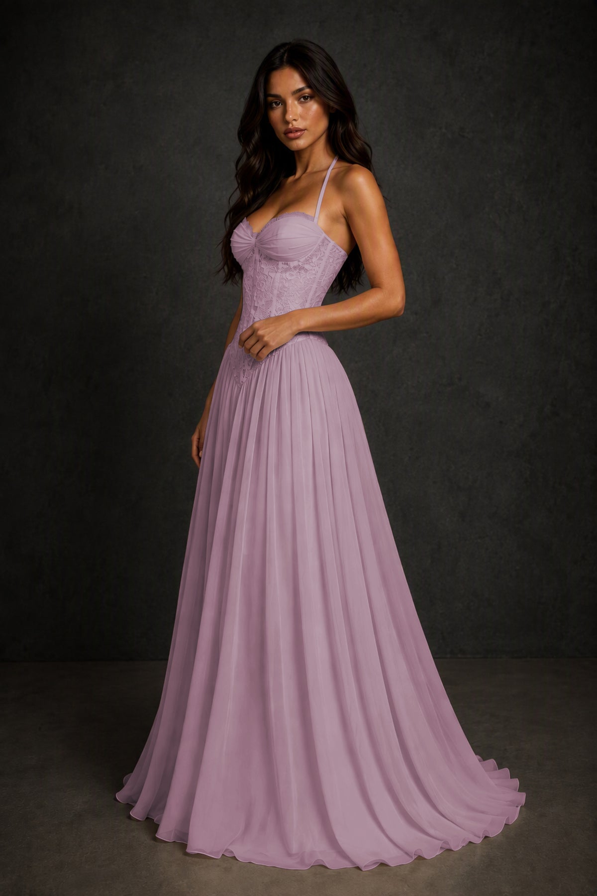 BOLODOO Wisteria Lace Corset Halter Maxi Gown – Backless A-Line Formal Dress - Wisteria