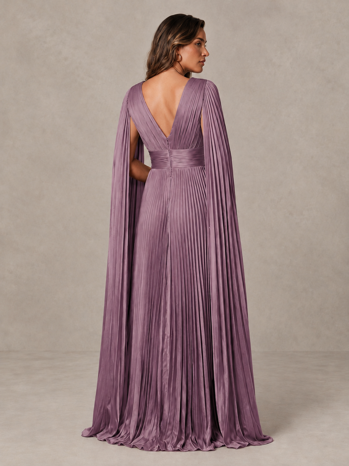 BOLODOO Wisteria Deep V-Neck Pleated Cape Sleeve Evening Gown - Wisteria - Wisteria_2