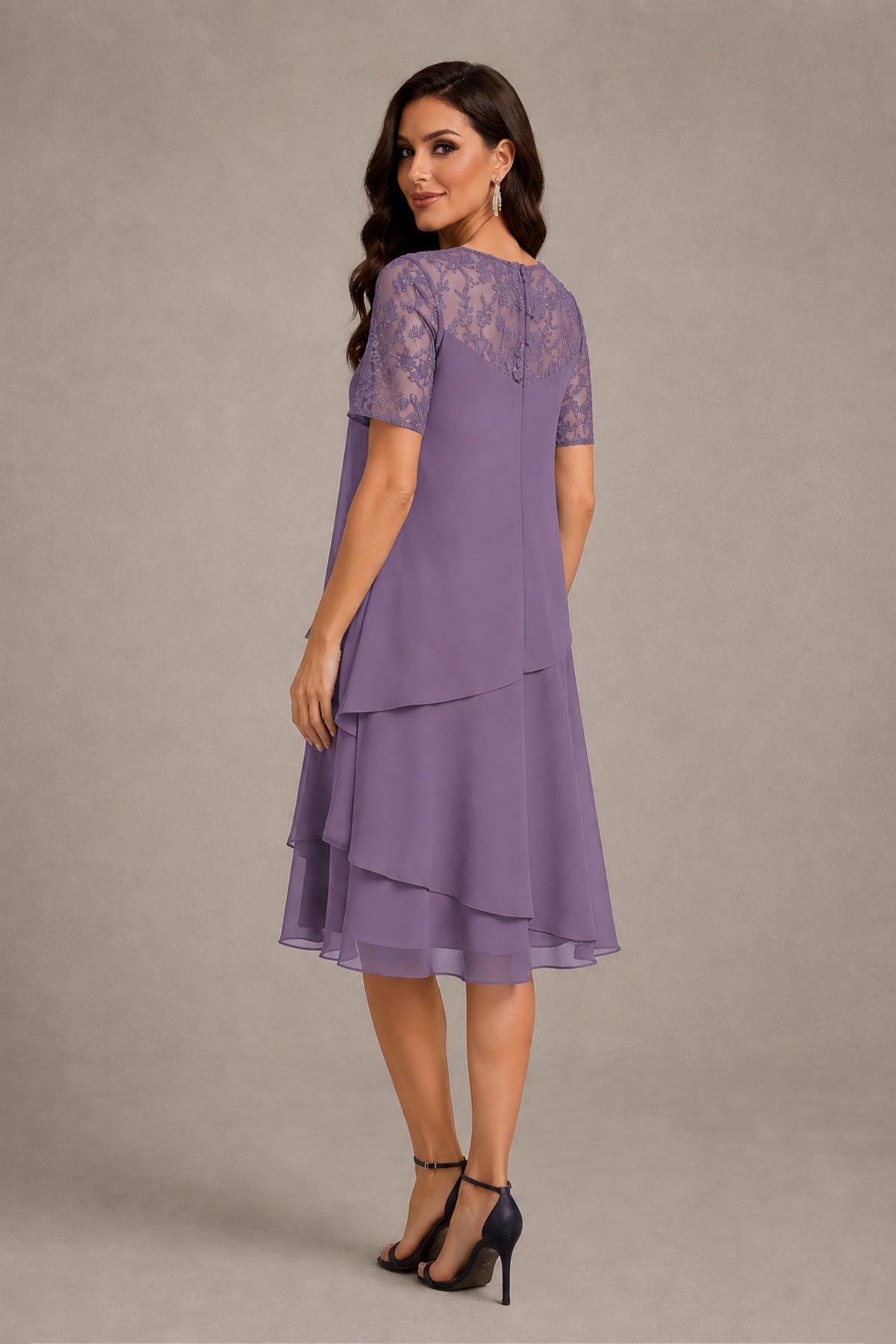 BOLODOO Wisteria Illusion Lace Short Sleeve Tiered Chiffon Tea Length Dress | Mother of the Bride Midi Dress - Wisteria