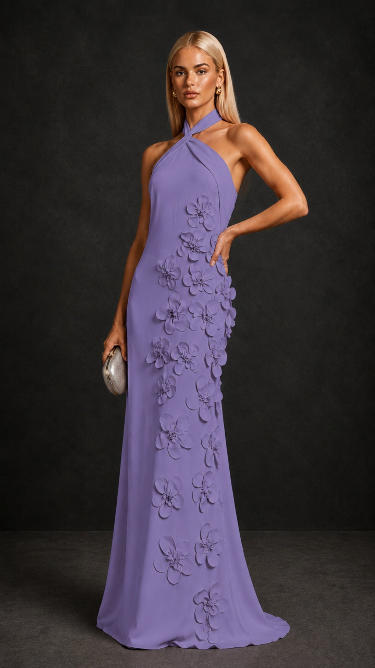 BOLODOO Wisteria Cross Halter Neck 3D Floral Appliqué Backless Mermaid Maxi Gown - Wisteria